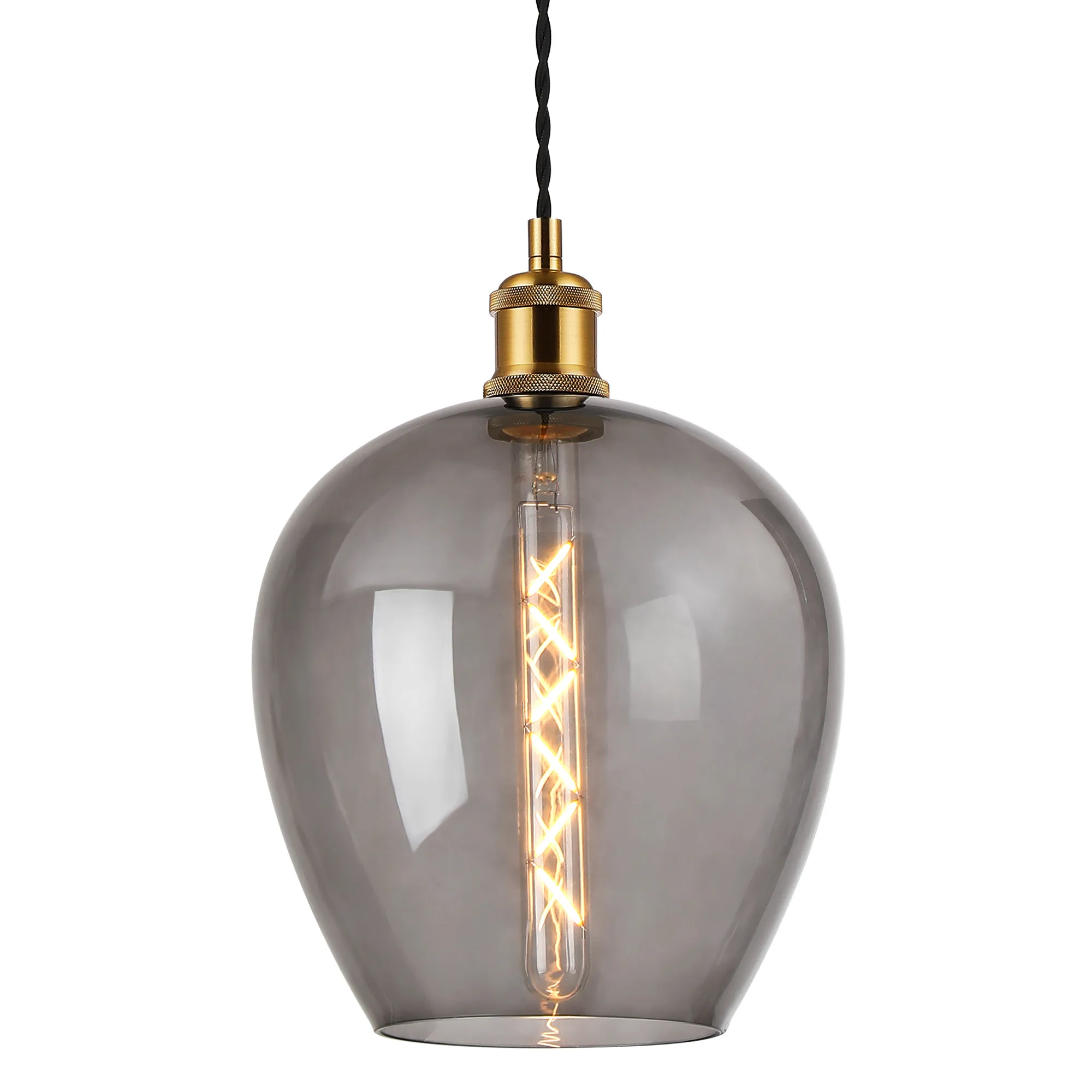Cawdor Single Pendant, 1 Light E27, Gilt Bronze/Black/Smoke Wine Glass DK1110  Deco Cawdor